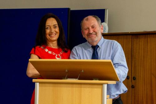 Marie-O'Sullivan-and-Dr-Cristoir-Mac-Carthaigh-(Speaker)-at-'The-Seine-Boats-of-Kerry'.